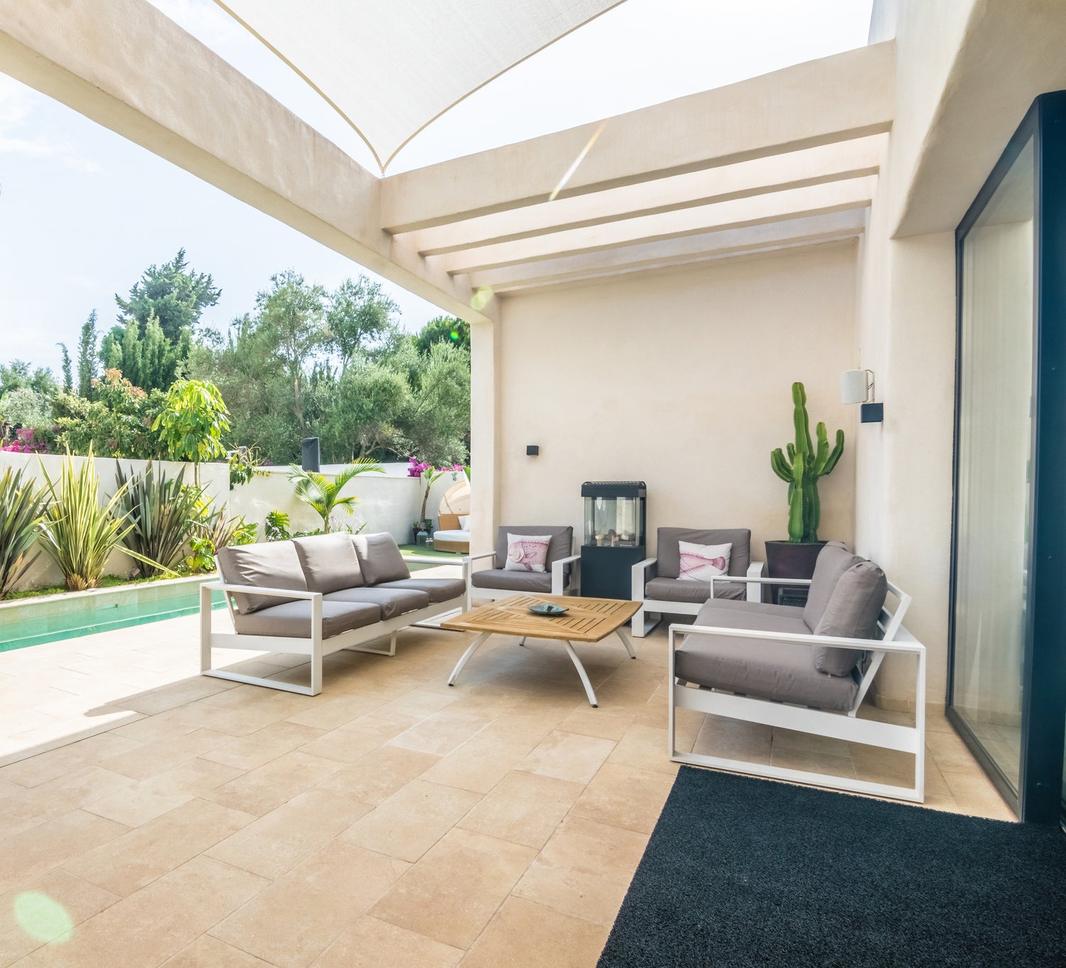 Terrace area of Villa, Marbella luxury Beach House short term rental, located on the beach side at Marbella´s exclusive Golden Mile just by beach