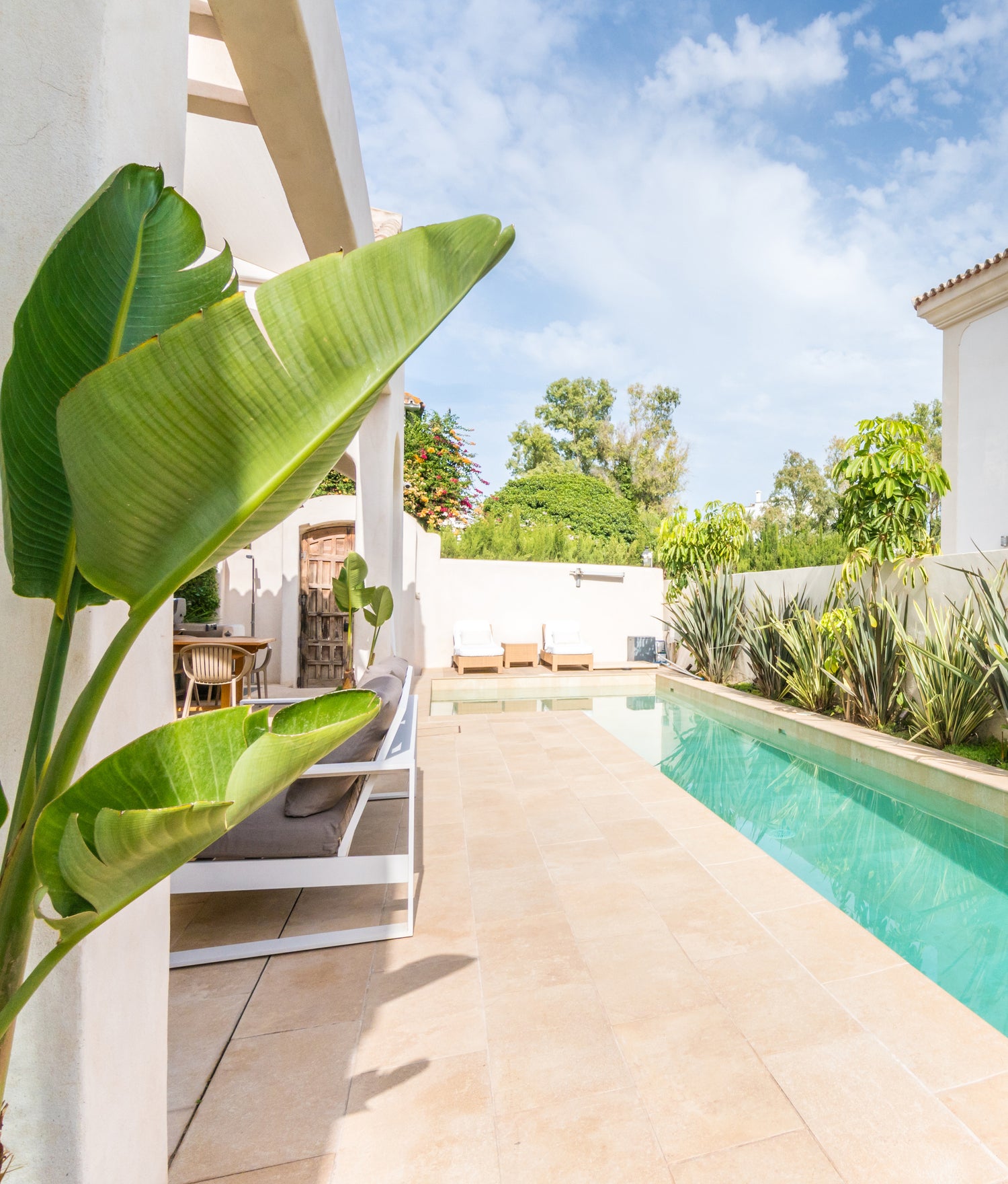 Extrior area of Villa, Marbella luxury Beach House short term rental, located on the beach side at Marbella´s exclusive Golden Mile just by beach
