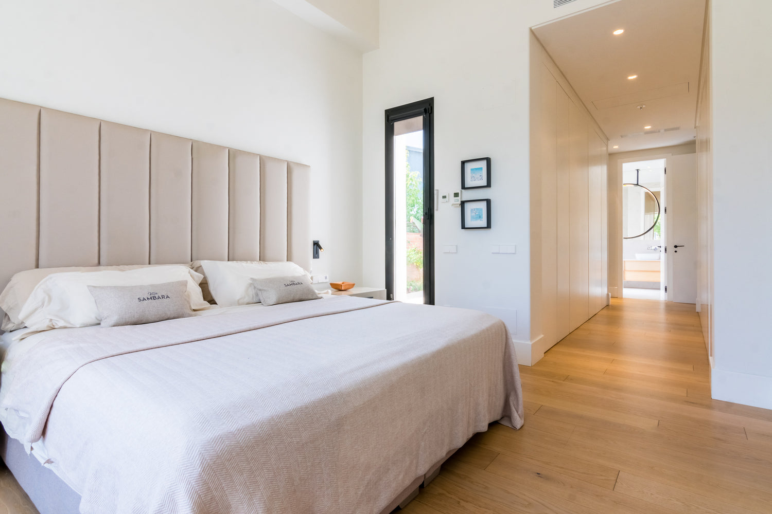 Master bedroom, master bed of Villa, Marbella luxury Beach House short term rental, located on the beach side at Marbella´s exclusive Golden Mile just steps from the sea 