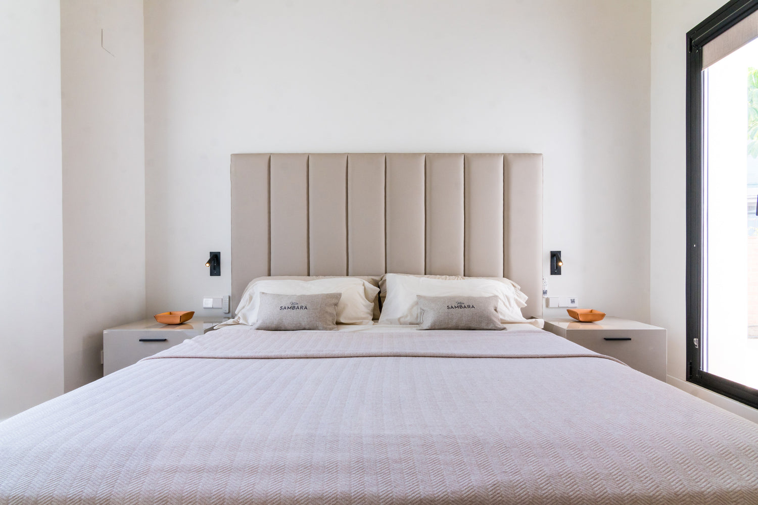 Master bed of Villa, Marbella luxury Beach House short term rental, located on the beach side at Marbella´s exclusive Golden Mile just steps from the sea