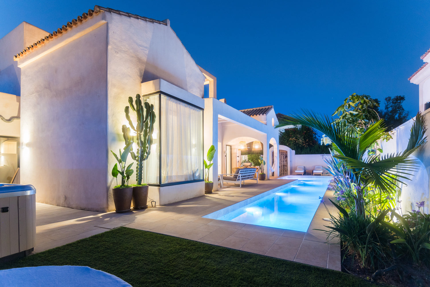 South facede area of Villa, Marbella luxury Beach House short term rental, located on the beach side at Marbella´s exclusive Golden Mile just steps from the sea 